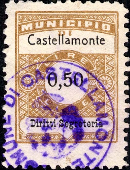 Marca da Bollo del Comune di CASTELLAMONTE su Carta Bianca di dimensioni 22,5 x 29 mm
