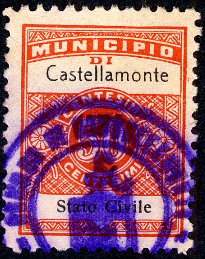 Marca da Bollo del Comune di CASTELLAMONTE su Carta Bianca di dimensioni 22,5 x 29 mm