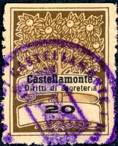 Marca da Bollo del Comune di CASTELLAMONTE su Carta Bianca di dimensioni 22,5 x 28 mm