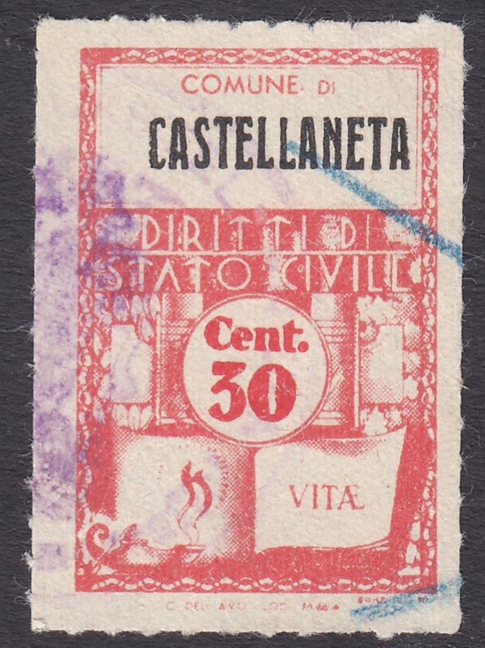 Marca da Bollo del Comune di CASTELLANETA su Carta Bianca Sottile di dimensioni 21 X 32 mm