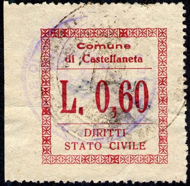 Marca da Bollo del Comune di CASTELLANETA su Carta Bianca di dimensioni 29 x 31 mm