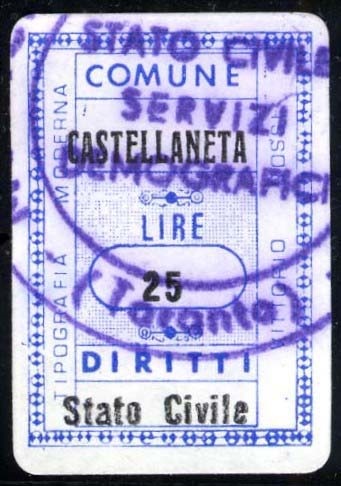 Marca da Bollo del Comune di CASTELLANETA su Carta Bianca di dimensioni 19,5 x 29 mm