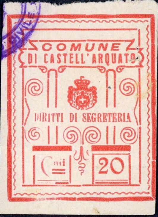 Marca da Bollo del Comune di CASTELL´ARQUATO su Carta Bianca Sottile di dimensioni 34 x 43 mm