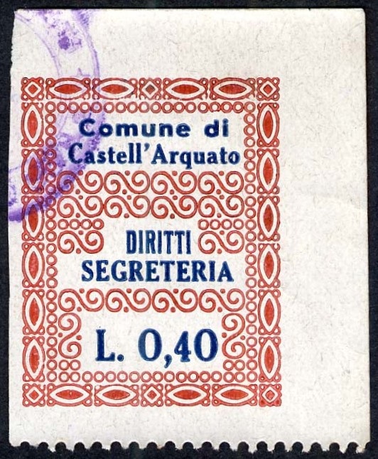 Marca da Bollo del Comune di CASTELL´ARQUATO su Carta Bianca di dimensioni 25 x 31,5 mm