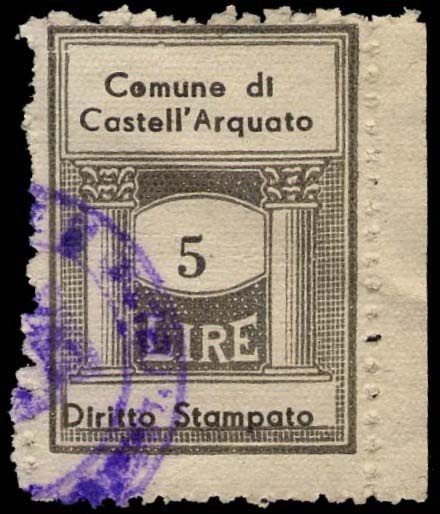 Marca da Bollo del Comune di CASTELL´ARQUATO su Carta Bianca di dimensioni 20 x 28 mm