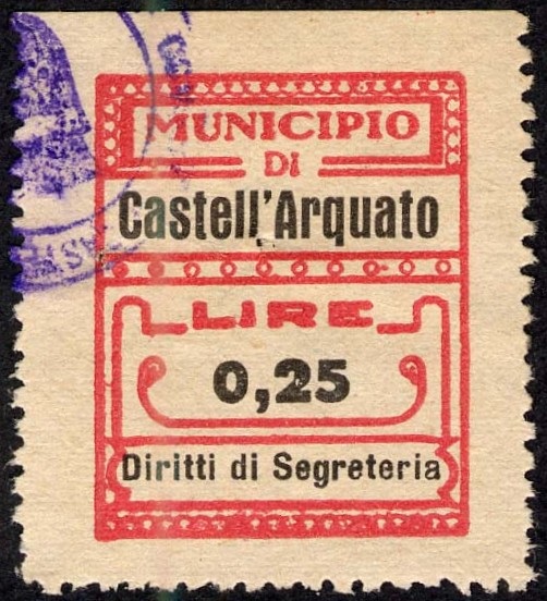 Marca da Bollo del Comune di CASTELL´ARQUATO su Carta Bianca di dimensioni 23 x 29 mm