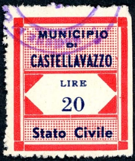 Marca da Bollo del Comune di CASTELLAVAZZO su Carta Bianca di dimensioni 25 x 29 mm