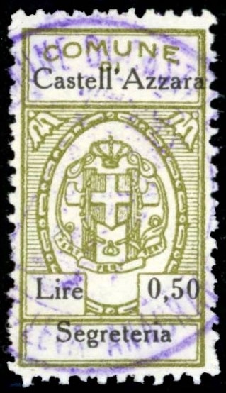 Marca da Bollo del Comune di CASTELL´AZZARA su Carta Bianca Sottile di dimensioni 17,5 x 32,5 mm