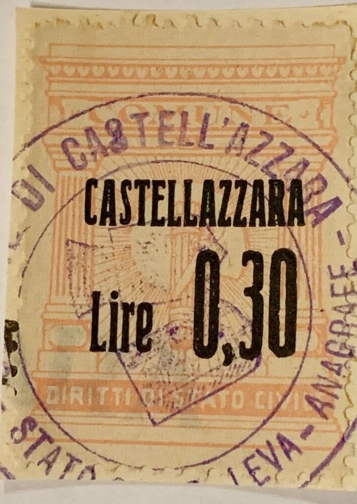 Marca da Bollo del Comune di CASTELL´AZZARA su Carta Bianca di dimensioni 23 x 32 mm