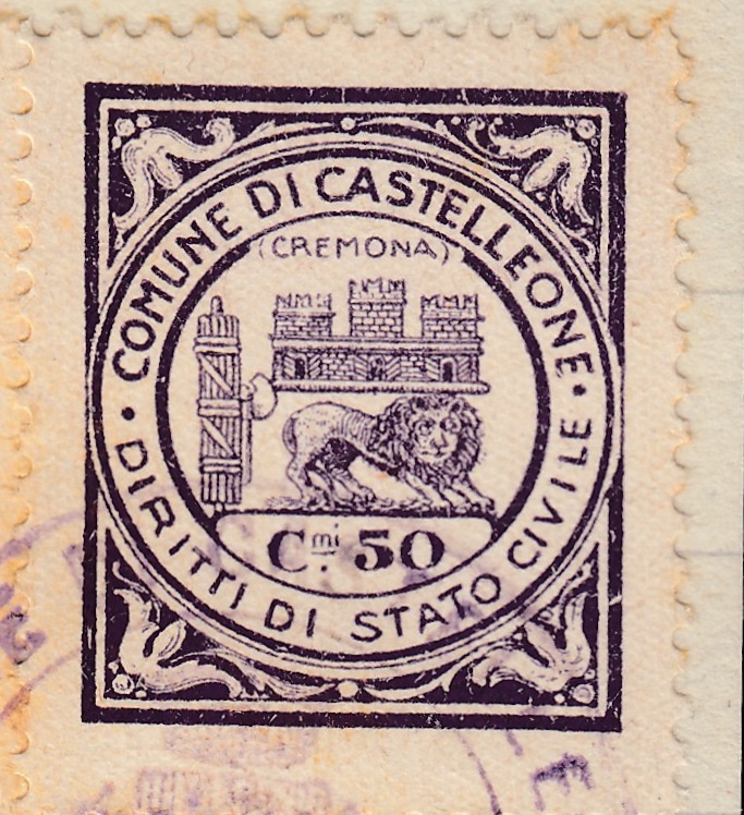 Marca da Bollo del Comune di CASTELLEONE su Carta Colorata di dimensioni 21 x 24 mm