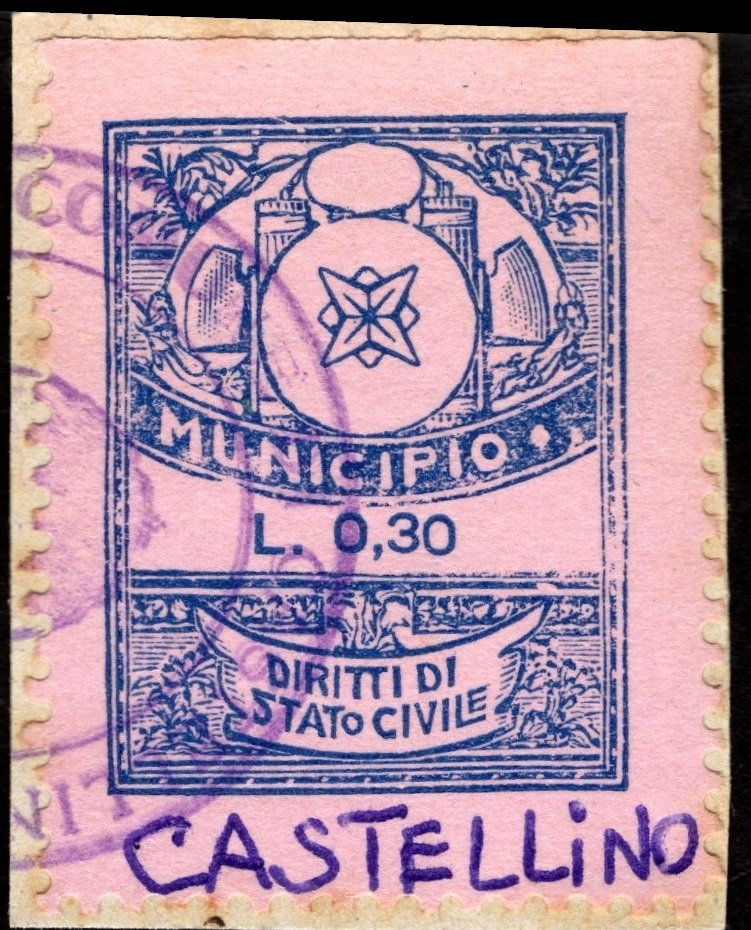 Marca da Bollo del Comune di CASTELLINO TANARO su Carta Colorata di dimensioni 22,5 x 29 mm