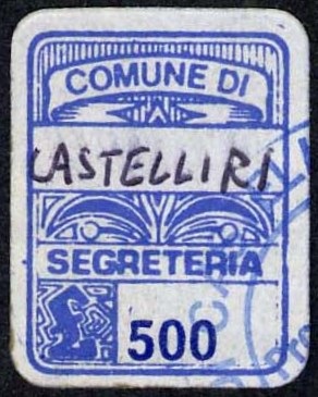 Marca da Bollo del Comune di CASTELLIRI su Carta Bianca di dimensioni 15,5 x 20,5 mm