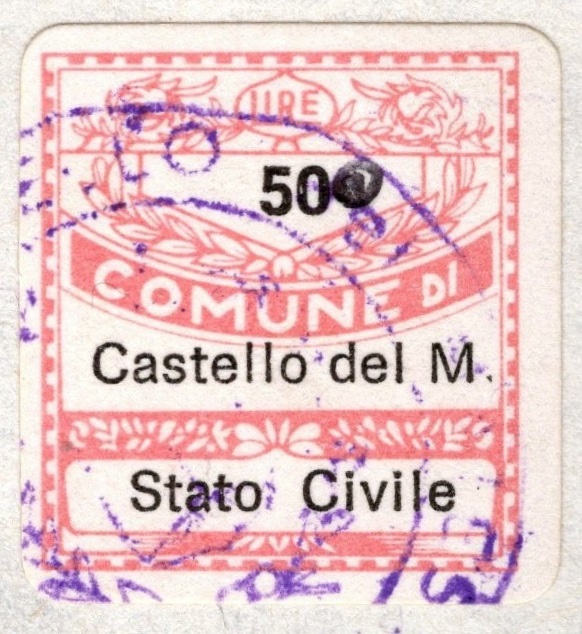 Marca da Bollo del Comune di CASTELLO DEL MATESE su Carta Bianca di dimensioni 16 c 22 mm