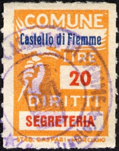 Marca da Bollo del Comune di CASTELLO DI FIEMME su Carta Bianca di dimensioni 18,5 x 26 mm