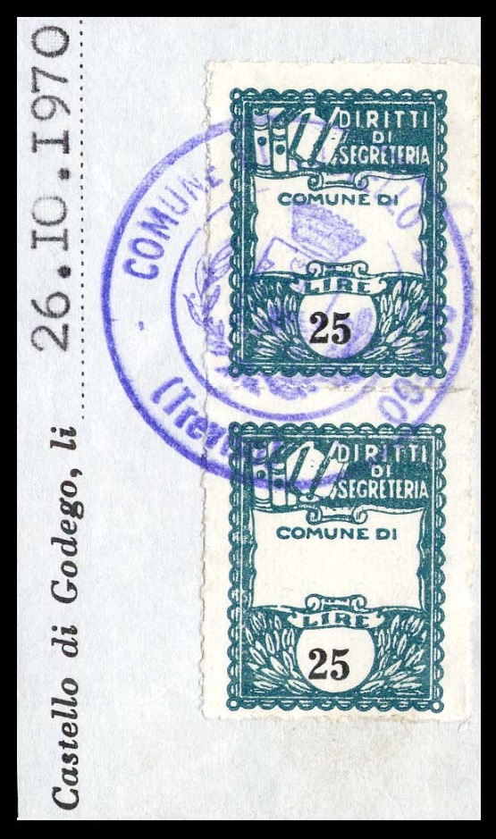 Marca da Bollo del Comune di CASTELLO DI GODEGO su Carta Bianca di dimensioni 22 x 29 mm