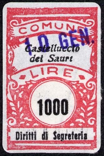 Marca da Bollo del Comune di CASTELLUCCIO DEI SAURI su Carta Bianca di dimensioni 20 x 32 mm
