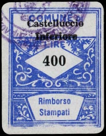 Marca da Bollo del Comune di CASTELLUCCIO INFERIORE su Carta Bianca di dimensioni 21,5 x 28 mm