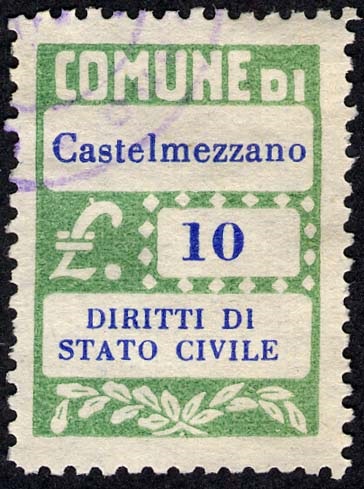 Marca da Bollo del Comune di CASTELMEZZANO su Carta Bianca di dimensioni 20 x 28 mm