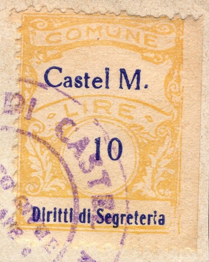 Marca da Bollo del Comune di CASTEL MORRONE su Carta Bianca Sottile di dimensioni 21 x 28,5 mm