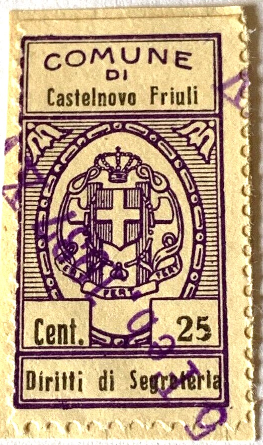 Marca da Bollo del Comune di CASTELNOVO DEL FRIULI su Carta Bianca di dimensioni 26 x 43,5 mm