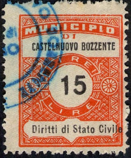 Marca da Bollo del Comune di CASTELNUOVO BOZZENTE su Carta Bianca Sottile di dimensioni 22,5 x 29 mm