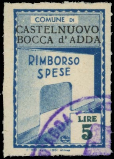 Marca da Bollo del Comune di CASTELNUOVO BOCCA D´ADDA su Carta Bianca Sottile di dimensioni 19,5 x 28,5 mm