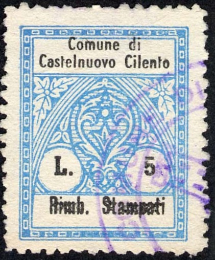 Marca da Bollo del Comune di CASTELNUOVO CILENTO su Carta Bianca di dimensioni 21,5 x 27 mm