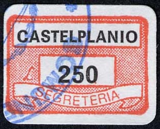 Marca da Bollo del Comune di CASTELPLANIO su Carta Bianca di dimensioni 19 x 13,5 mm
