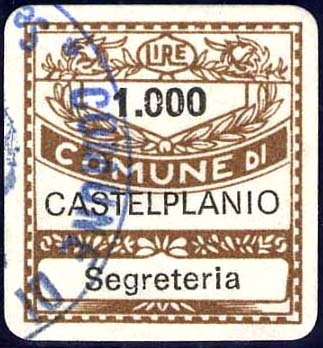 Marca da Bollo del Comune di CASTELPLANIO su Carta Bianca di dimensioni 19 x 21 mm