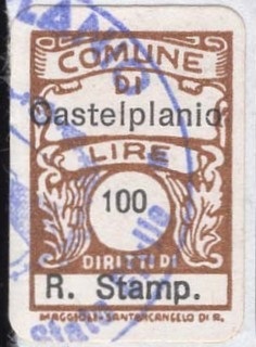 Marca da Bollo del Comune di CASTELPLANIO su Carta Bianca di dimensioni 13 x 17 mm