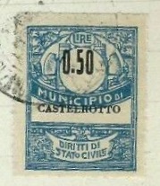 Marca da Bollo del Comune di CASTELROTTO (KASTELRUTH) su Carta Bianca di dimensioni 22,5 X 33 mm