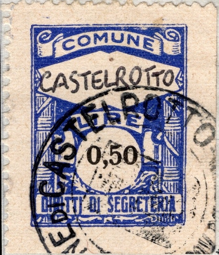 Marca da Bollo del Comune di CASTELROTTO (KASTELRUTH) su Carta Bianca di dimensioni 22,5 X 33 mm