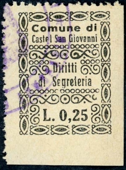 Marca da Bollo del Comune di CASTEL SAN GIOVANNI su Carta Bianca Sottile di dimensioni 20 x 26,5 mm