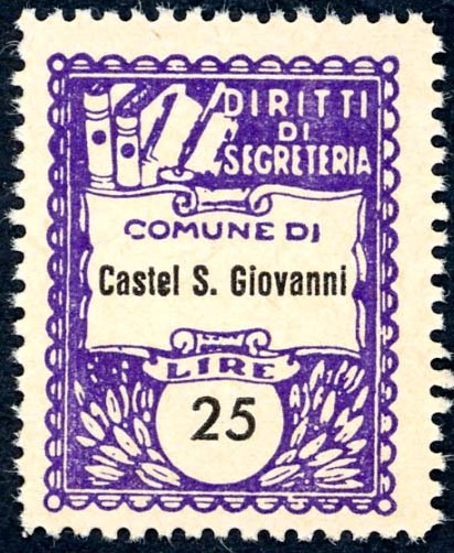 Marca da Bollo del Comune di CASTEL SAN GIOVANNI su Carta Bianca di dimensioni 22 x 29 mm