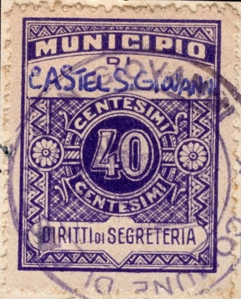 Marca da Bollo del Comune di CASTEL SAN GIOVANNI su Carta Bianca di dimensioni 22 x 29 mm