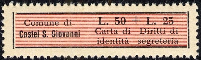 Marca da Bollo del Comune di CASTEL SAN GIOVANNI su Carta Bianca di dimensioni 40 x 10 mm