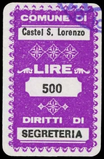 Marca da Bollo del Comune di CASTEL SAN LORENZO su Carta Bianca di dimensioni 20 x 32 mm