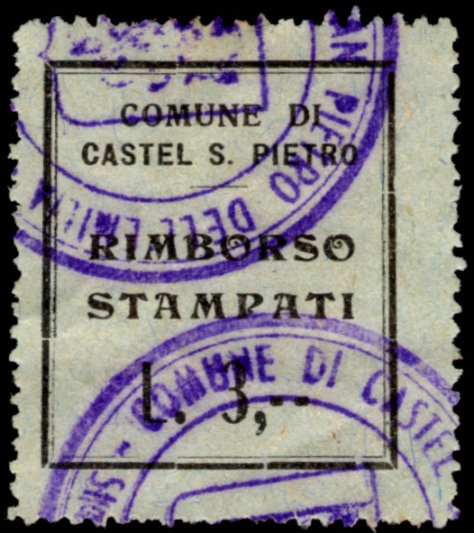 Marca da Bollo del Comune di CASTEL SAN PIETRO TERME su Carta Colorata di dimensioni 26,5 x 31 mm