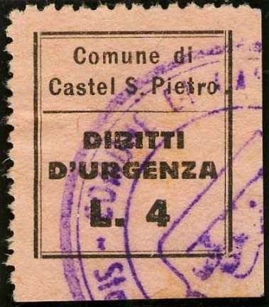 Marca da Bollo del Comune di CASTEL SAN PIETRO TERME su Carta Colorata di dimensioni 19 x 22 mm