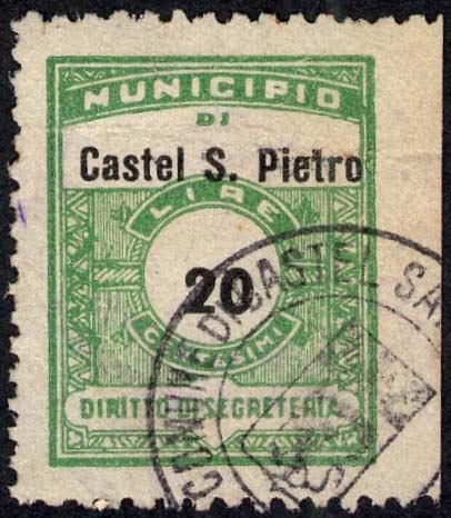 Marca da Bollo del Comune di CASTEL SAN PIETRO TERME su Carta Bianca di dimensioni 19,5 x 25 mm