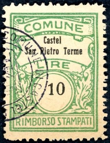 Marca da Bollo del Comune di CASTEL SAN PIETRO TERME su Carta Bianca di dimensioni 21 x 28,5 mm