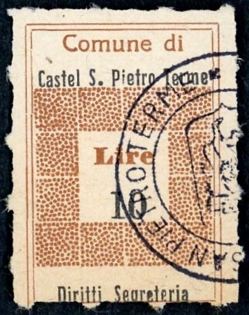 Marca da Bollo del Comune di CASTEL SAN PIETRO TERME su Carta Bianca di dimensioni 19 x 28 mm