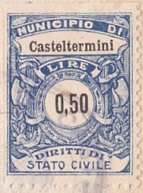 Marca da Bollo del Comune di CASTELTERMINI su Carta Bianca di dimensioni 25,5 x 34 mm