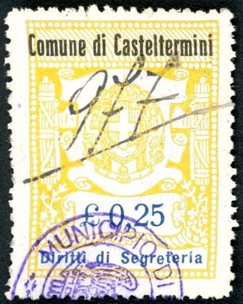 Marca da Bollo del Comune di CASTELTERMINI su Carta Bianca di dimensioni 27,5 x 37 mm
