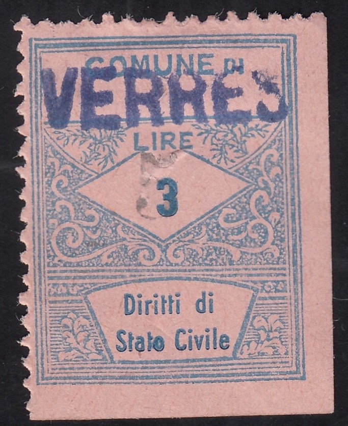 Marca da Bollo del Comune di VERRES su Carta Bianca di dimensioni 22,5 X 33 mm
