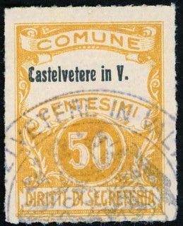 Marca da Bollo del Comune di CASTELVETERE IN VAL FORTORE su Carta Bianca di dimensioni 22,5 x 29 mm