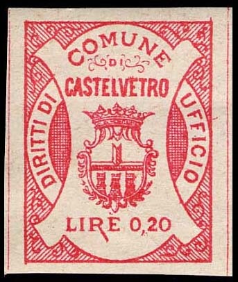 Marca da Bollo del Comune di CASTELVETRO DI MODENA su Carta Bianca di dimensioni 20 x 25,5 mm