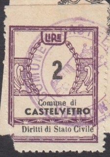 Marca da Bollo del Comune di CASTELVETRO DI MODENA su Carta Bianca Sottile di dimensioni 23,5 x 30 mm