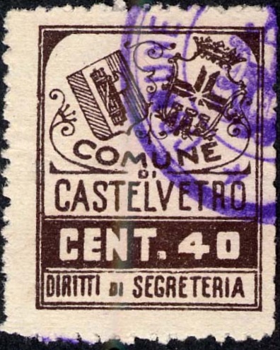 Marca da Bollo del Comune di CASTELVETRO DI MODENA su Carta Bianca di dimensioni 20 x 25,5 mm