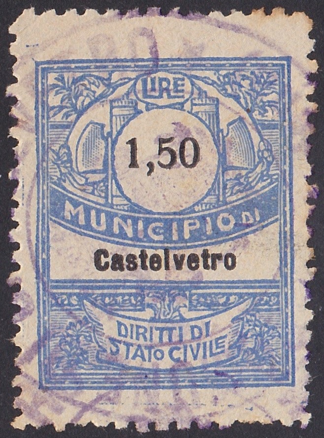 Marca da Bollo del Comune di CASTELVETRO DI MODENA su Carta Bianca di dimensioni 22,5 X 33 mm